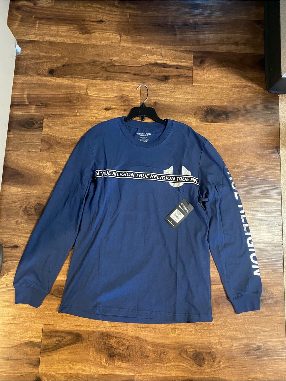 True Religion Deep Blue Long Sleeve Logo Tee with Chest Tape